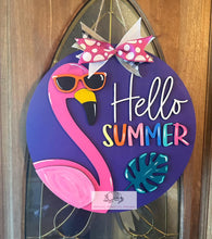 Load image into Gallery viewer, 15” Layered Hello Summer Flamingo Round Door Hanger Wood Craft Blank