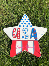 Load image into Gallery viewer, 17.5" x 16.5" Star Layered USA With Stripes Door Hanger Wood Cutout