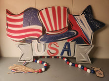 Load image into Gallery viewer, 19" x 11.5" 4th Of July Trio With Banner Door Hanger Wood Cutout