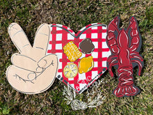 Load image into Gallery viewer, 22” x 13” Peace Love Crawfish Door Hanger Wood Craft Blank