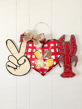 Load image into Gallery viewer, 22” x 13” Peace Love Crawfish Door Hanger Wood Craft Blank