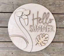 Load image into Gallery viewer, 15” Layered Hello Summer Flamingo Round Door Hanger Wood Craft Blank