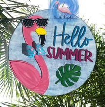 Load image into Gallery viewer, 15” Layered Hello Summer Flamingo Round Door Hanger Wood Craft Blank