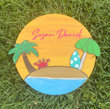 Load image into Gallery viewer, 21" x 12" Crab Island Layered Beach Scene on 19" Circle Door Hanger Wood Craft Blank
