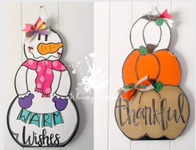 Load image into Gallery viewer, 19” Reversible Snowman/Stacked Pumpkins Door Hanger Wood Craft Blank