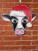 Load image into Gallery viewer, 19" x 17" Cow Head With Santa Hat Door Hanger Wood Cutouts