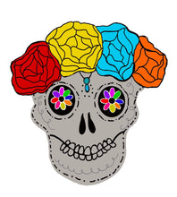 Load image into Gallery viewer, 17” x 16” Sugar Skull With Flowers Door Hanger Wood Cutouts