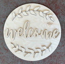 Load image into Gallery viewer, 19” Circle With Layered Welcome And Olive Leaves Door Hanger Wood Blank