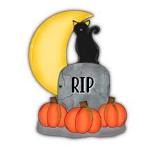 Load image into Gallery viewer, 19” x 16” Cat With Tombstone Door Hanger Wood Cutouts