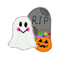 Load image into Gallery viewer, 17” x 17” Ghost, Pumpkin And Tombstone Door Hanger Wood Cutouts