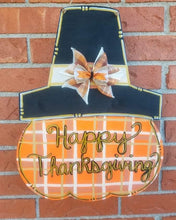 Load image into Gallery viewer, 20" x 15" Pilgrim Pumpkin Door Hanger Wood Cutout