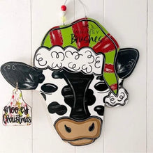 Load image into Gallery viewer, 19" x 17" Cow Head With Santa Hat Door Hanger Wood Cutouts