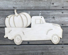 Load image into Gallery viewer, 19" Pumpkin Truck WITH LINES Door Hanger Wood Craft Blank
